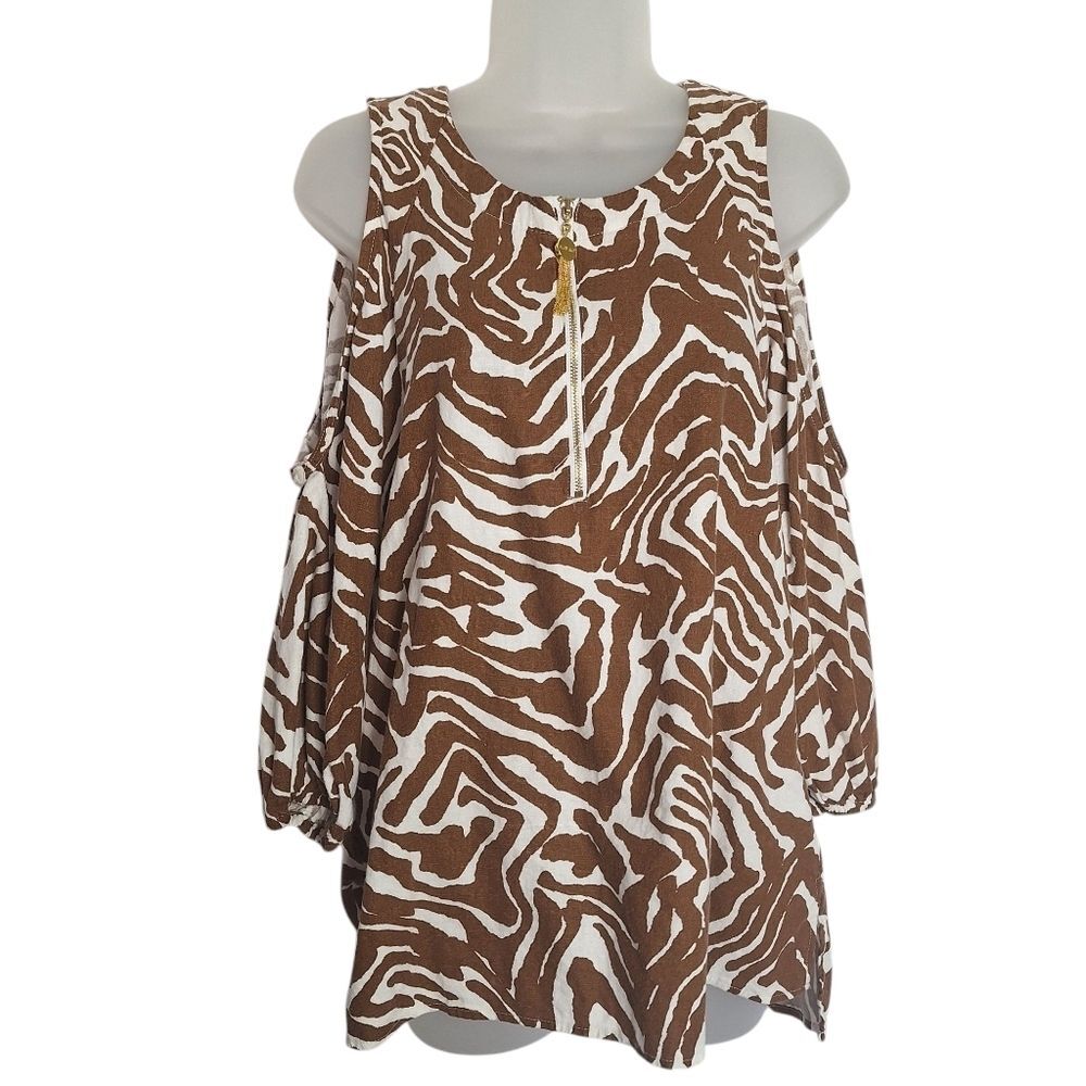 Ellen Tracy Linen Top Zebra Animal Print Cold Shoulder Small Womens